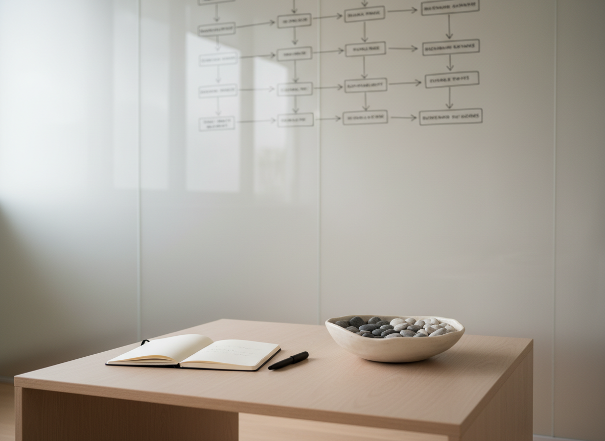 A serene, minimalist meeting space with a low, light-wood coffee table at the center, holding an open, unbranded notebook, a capped black pen, and a single ceramic bowl filled with smooth, matte grey and white pebbles arranged in a subtle gradient. Behind the table stands a large, frosted glass panel partially revealing a diagram of behavioural pathways sketched in thin marker lines. Diffused overcast daylight filters through, creating an even, soft glow with no harsh contrasts, and gentle reflections in the glass. Photographic realism, eye-level composition with shallow depth of field, keeping the table in sharp focus while the background fades into a creamy blur. The mood is calm, confidential, and professional, evoking a safe, reflective environment for non-directive coaching conversations rooted in behavioural insight.