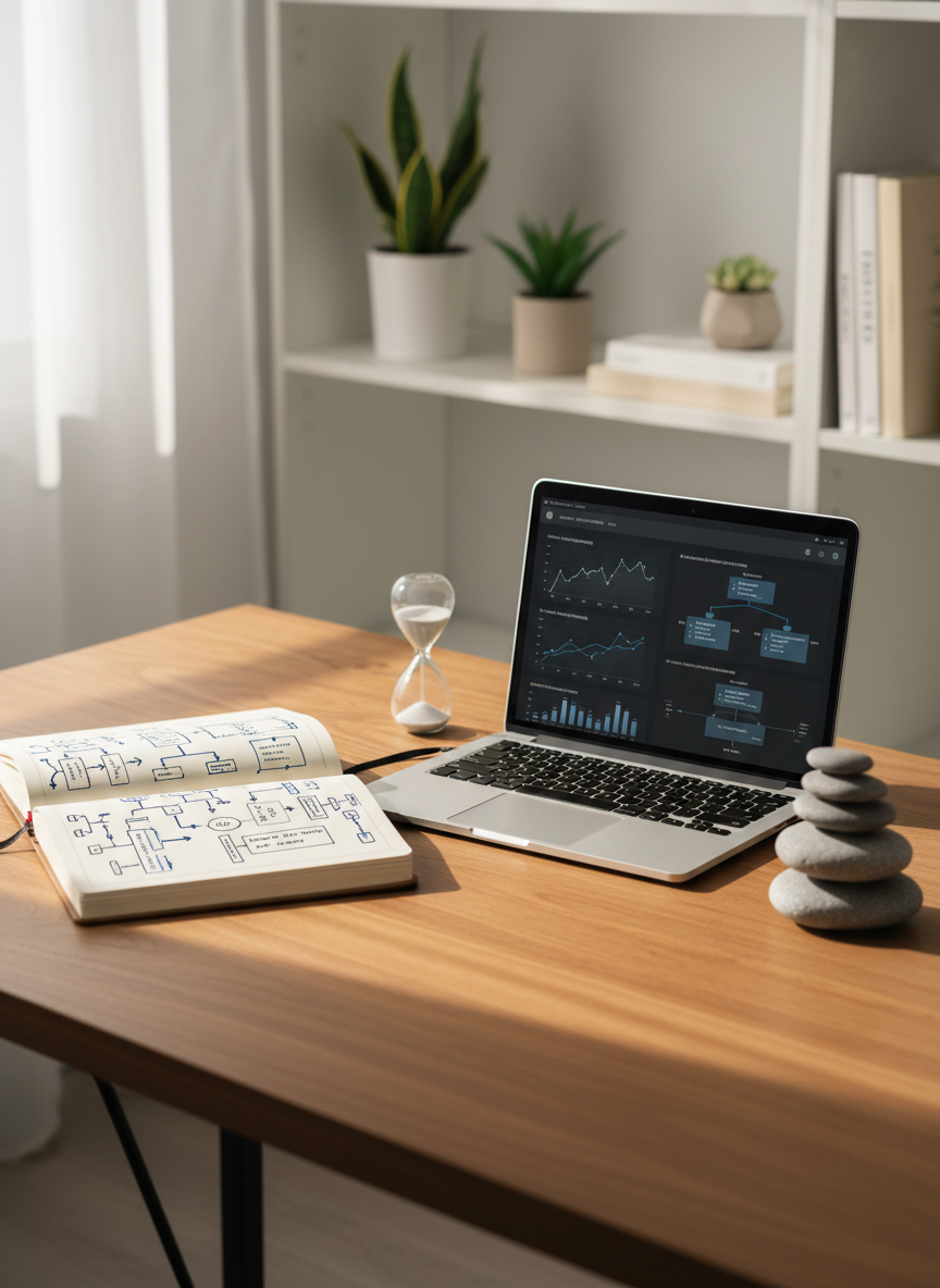 A meticulously arranged wooden desk in a calm, modern workspace, featuring an open hardcover notebook filled with neat, hand-drawn behaviour diagrams and flowcharts. Beside it rests a slim, silver laptop displaying a clean dashboard of behavioural data visualizations and graphs. A small sand timer and a balanced stack of smooth river stones add tactile symbols of time and equilibrium. Soft natural daylight pours in from an unseen window to the left, creating gentle highlights on the wood grain and laptop edges, with subtle, elongated shadows. Photographic realism, eye-level composition using the rule of thirds, with a slightly blurred background of minimalist shelving and plants. The mood is professional, focused, and quietly reflective, conveying structured thinking and evidence-based coaching grounded in behavioural science.