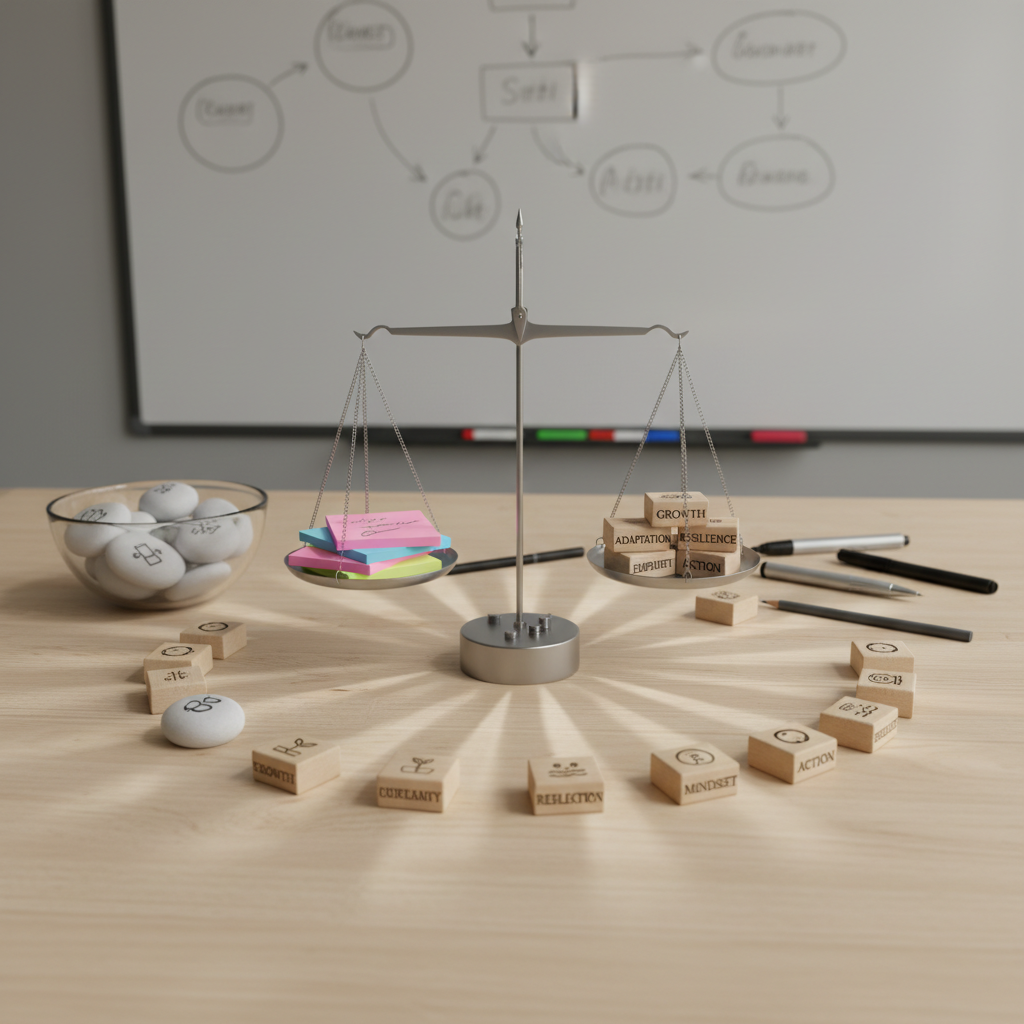 A circular arrangement of objects on a light oak table representing balance and change: a precision-balanced metal scale with one side holding colorful sticky notes and the other side small wooden blocks labeled with abstract behavioural concepts. Nearby, a clear glass bowl contains polished white and grey stones, each etched with minimalist icons of growth, reflection, and balance. A large, unmarked whiteboard stands in the background, filled with faint, partially erased diagrams. Soft studio lighting creates even illumination with subtle reflections on the metal scale, casting delicate, radial shadows from the center. Photographic realism, shot from slightly above, emphasizing the circular composition and symmetry. The atmosphere is thoughtful, methodical, and optimistic, suggesting a structured yet flexible coaching process grounded in behavioural theory.