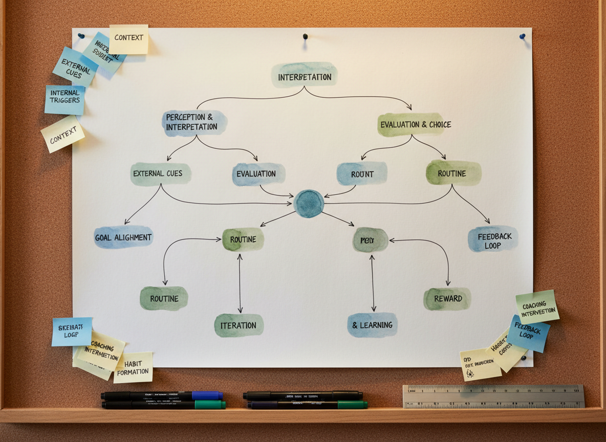 A close-up of a large, matte-white poster pinned to a corkboard, displaying an elegant, hand-drawn behavioural decision tree in fine black ink, with key nodes highlighted in muted blues and greens. Small, color-coordinated sticky notes fan outward from the edges, containing succinct, typed prompts like “context”, “habit”, and “feedback”, though still generic and non-identifying. A neatly arranged row of fine-tipped markers and a precision metal ruler rest along the corkboard ledge beneath. Warm, indirect office lighting creates soft, ambient illumination with minimal shadows, enhancing the clarity of lines and colors. Photographic realism, shot straight-on with sharp focus across the entire frame, giving a clean, analytical yet approachable feel. The mood is intellectually curious and structured, reflecting behavioural science research translated into practical coaching tools and workshop materials.